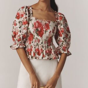 Anthropologie White Floral Smocked Square-Neck Puff Sleeve Top